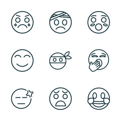 Poster - set of 9 linear icons from emoji concept. outline icons such as cry emoji, injured emoji, hushed headache anguished laugh vector