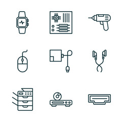 Poster - set of 9 linear icons from electronic devices concept. outline icons such as smartwatch, motherboard, driller, copy hine, dvd player, hdmi vector