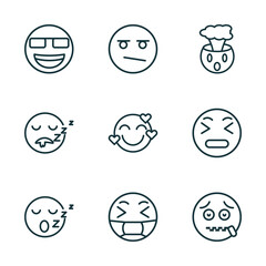 Poster - set of 9 linear icons from emoji concept. outline icons such as nerd emoji, bored emoji, exploding head sleep sick -mouth vector