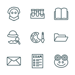 Poster - set of 9 linear icons from education concept. outline icons such as othello, test tubes, open book black cover, letter, exam, frog vector