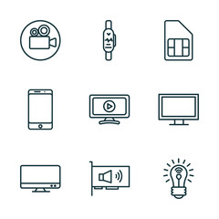 Poster - set of 9 linear icons from electronic devices concept. outline icons such as video recorder, smartband, sim, television, sound card, smart light vector