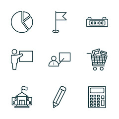 Poster - set of 9 linear icons from education concept. outline icons such as pie chart, location flag, digital timer, university, geometric pencil, small calculator vector
