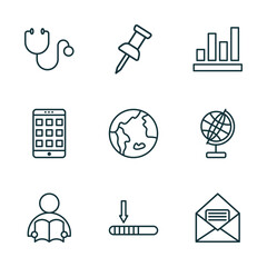 Poster - set of 9 linear icons from education concept. outline icons such as cardiology tool, pushpin, numbers, student and books, window scrolling left, open email vector
