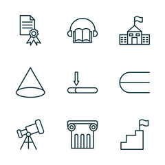 Poster - set of 9 linear icons from education concept. outline icons such as sealed diploma, audio book, old school, telescope, greek pillar, steps to complete vector