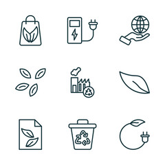 Poster - set of 9 linear icons from ecology concept. outline icons such as eco bag, electric station, globe on hand, eco paper, recycle bin, bio energy vector