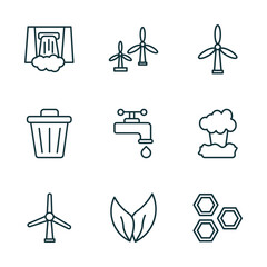 Poster - set of 9 linear icons from ecology concept. outline icons such as dam, eco turbine, wind mills, wind