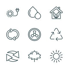 Poster - set of 9 linear icons from ecology concept. outline icons such as solar plug, oil drops, eco house, recycling, m leaf, sunlight vector