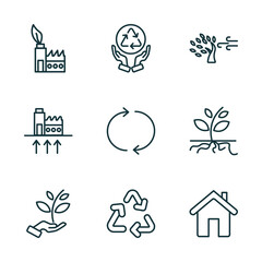 Poster - set of 9 linear icons from ecology concept. outline icons such as sustainable factory, recycling, wind bending tree, plant a tree, recycling, green home vector
