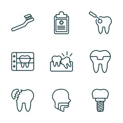 Poster - set of 9 linear icons from dentist concept. outline icons such as toothbrushes, health report, scraping, broken tooth, oral, implant vector