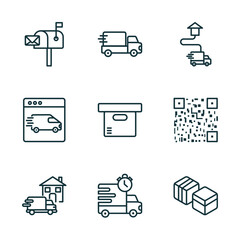 Poster - set of 9 linear icons from delivery and logistic concept. outline icons such as postbox, delivery, delivery destination, home express boxes vector