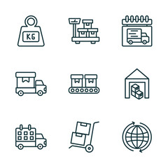 Poster - set of 9 linear icons from delivery and logistic concept. outline icons such as weight, delivery weighing, delivery day, schedule, freight, worldwide vector