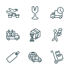 Poster - set of 9 linear icons from delivery and logistic concept. outline icons such as delivery by plane, fragile, mind eraser drink, tag, worldwide delivery, package on trolley vector