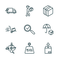 Wall Mural - set of 9 linear icons from delivery and logistic concept. outline icons such as delivery truck, courier, box, logistics, weight limit, unpacking vector