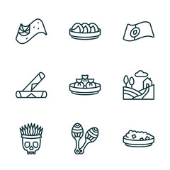 Poster - set of 9 linear icons from culture concept. outline icons such as australian flag, steamed bread, portuguese, native american skull, maracas couple, sweet and sour pork vector