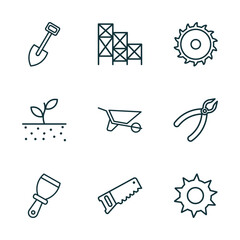 Poster - set of 9 linear icons from construction tools concept. outline icons such as spade tool, scaffolding, blade saw, putty knife, hand saw, circular saw vector