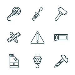 Poster - set of 9 linear icons from construction tools concept. outline icons such as polishers, garage screwdriver, sledge hammer, gallon oil, hook with cargo, screw vector