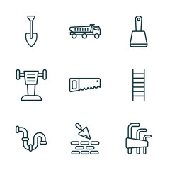 Poster - set of 9 linear icons from construction and tools concept. outline icons such as spade, dumper, bolster, plumbing pipes, construction works, allen keys vector