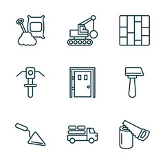 Poster - set of 9 linear icons from construction concept. outline icons such as cement, derrick with ball, pa