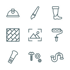 Poster - set of 9 linear icons from construction tools concept. outline icons such as safety helmet, paint brush, rubber boots, wedge tool, nuts and bolts, plumbing vector