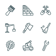 Poster - set of 9 linear icons from construction concept. outline icons such as sand brush, birck wall, two shovels, wrench and gear, truck with crane, spanner vector
