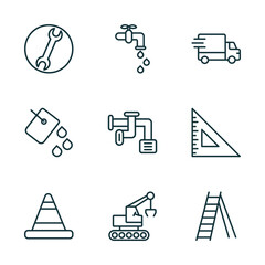 Poster - set of 9 linear icons from construction concept. outline icons such as round wrench, stopcock, truck with freight, road stopper, derrick with tong, double ladder vector