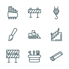 Poster - set of 9 linear icons from construction concept. outline icons such as hex key, road barrier, pulley hook, barrier, tool box, hacksaw vector