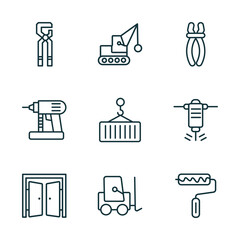 Poster - set of 9 linear icons from construction concept. outline icons such as big clippers, demolition, inclined clippers, doors open, trolley truck, roller and paint vector