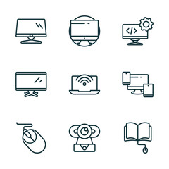 Poster - set of 9 linear icons from computer concept. outline icons such as monitor screen, circular de, develope, computer mouse device, webcamera, book and computer mouse vector