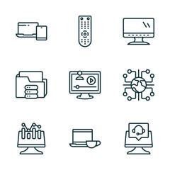 Poster - set of 9 linear icons from computer concept. outline icons such as device, tv remote, computer and monitor, data analyser, morning work, online support vector