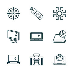 Poster - set of 9 linear icons from computer concept. outline icons such as calibrate, tv controller, computer chip, open laptop on, school desk, surfing the net vector
