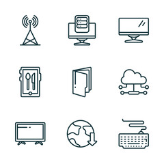 Poster - set of 9 linear icons from computer concept. outline icons such as telecommunications, pc storage, computer monitor, televisions, download from the net, keyboard with cable vector