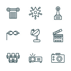 Poster - set of 9 linear icons from cinema concept. outline icons such as theatre pillar, famous cinema star, movie award, theatre seats, image projector, dslr camera vector