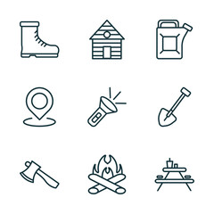 Poster - set of 9 linear icons from camping concept. outline icons such as boots shoes, lodge, gasoline, axe, bonfire, camp table vector