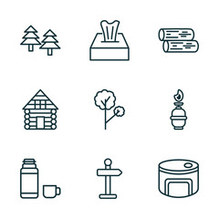 Poster - set of 9 linear icons from camping concept. outline icons such as forest, tissue, firewood, thermos, direction, canned food vector
