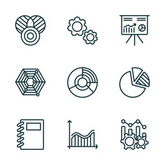 Poster - set of 9 linear icons from business and analytics concept. outline icons such as merge charts, cogwheel hine part, stellar, workbook, profit analysis, production vector