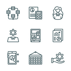 Poster - set of 9 linear icons from business and analytics concept. outline icons such as database interconnected, accounting, businesswoman, mobile stock data, monthly wall calendar, revenue vector