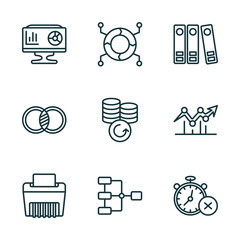 Poster - set of 9 linear icons from business and finance concept. outline icons such as analytics monitor, infographics, binder, paper shredder, data analytics flow, time out vector