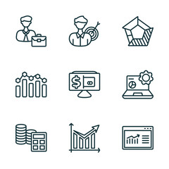 Poster - set of 9 linear icons from business concept. outline icons such as worker, businessman analysis, polygonal chart, spending, diagram, data vector