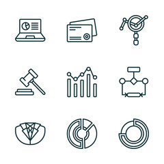 Poster - set of 9 linear icons from business and analytics concept. outline icons such as laptop profits graphics, business card, market research, dress code, data circular chart, round value chart vector
