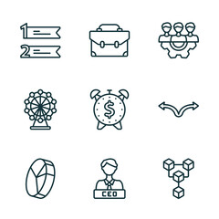 Poster - set of 9 linear icons from business concept. outline icons such as numbered information, briefcase tings, work parteners, quarter pie chart, chief executive officer, connection box chart vector