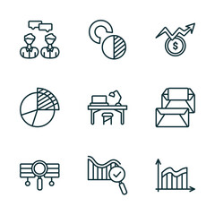 Poster - set of 9 linear icons from business and analytics concept. outline icons such as consulting, value chart, dollar analysis bars, stock data analysis, search analytics, data wave vector