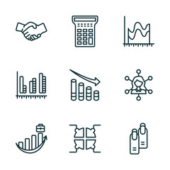 Poster - set of 9 linear icons from business concept. outline icons such as shaking hands, calculator maths tool, smooth line chart, professional advance, infographic elements, nails vector
