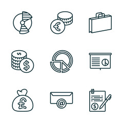 Poster - set of 9 linear icons from business concept. outline icons such as portion pie chart, euro coins sta