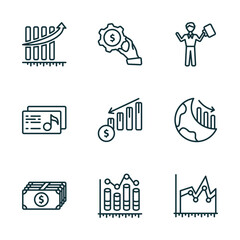 Poster - set of 9 linear icons from business concept. outline icons such as measuring success, hand with money gear, man succesing, american dollar bill, column chart, spike chart vector