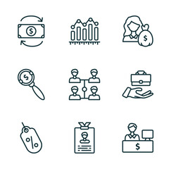 Poster - set of 9 linear icons from business concept. outline icons such as return of investment, measure success, woman with dollar bill, sale tag, identity card, bank teller vector