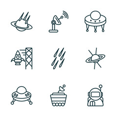 Poster - set of 9 linear icons from astronomy concept. outline icons such as space collision, voyager, big ufo, ufo flying, moonwalker, astronaut user vector