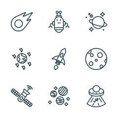 Poster - set of 9 linear icons from astronomy concept. outline icons such as comet, space robot, astrology, space station, planets, abduction vector