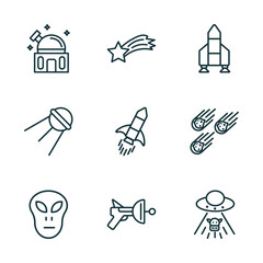Poster - set of 9 linear icons from astronomy concept. outline icons such as planetarium, falling star, launching shuttle, little extraterrestial, space gun, ufo and cow vector