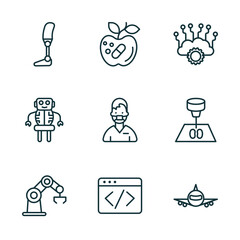 Poster - set of 9 linear icons from artificial intellegence concept. outline icons such as prosthesis, synthetic food, cloud intelligence, bionic arm, code, aeroplane vector
