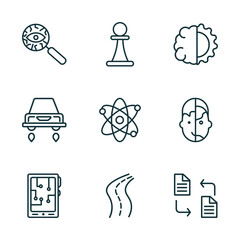 Poster - set of 9 linear icons from artificial intellegence concept. outline icons such as detection, chess, deformity, mobile flexible display, road, file transfer vector